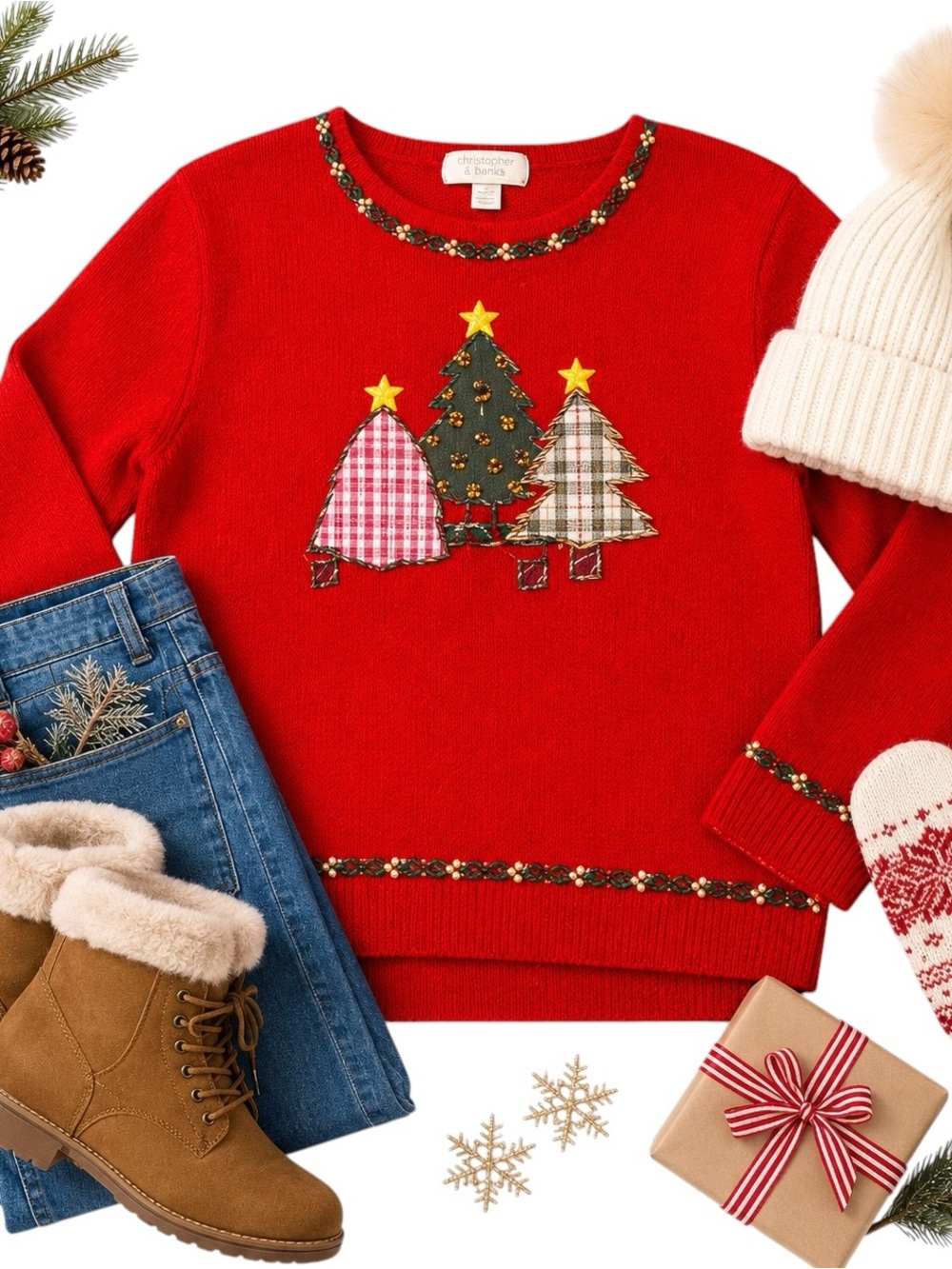 Christopher & Banks Beaded Christmas Tree Holiday Sweater Red Medium Womens GUC